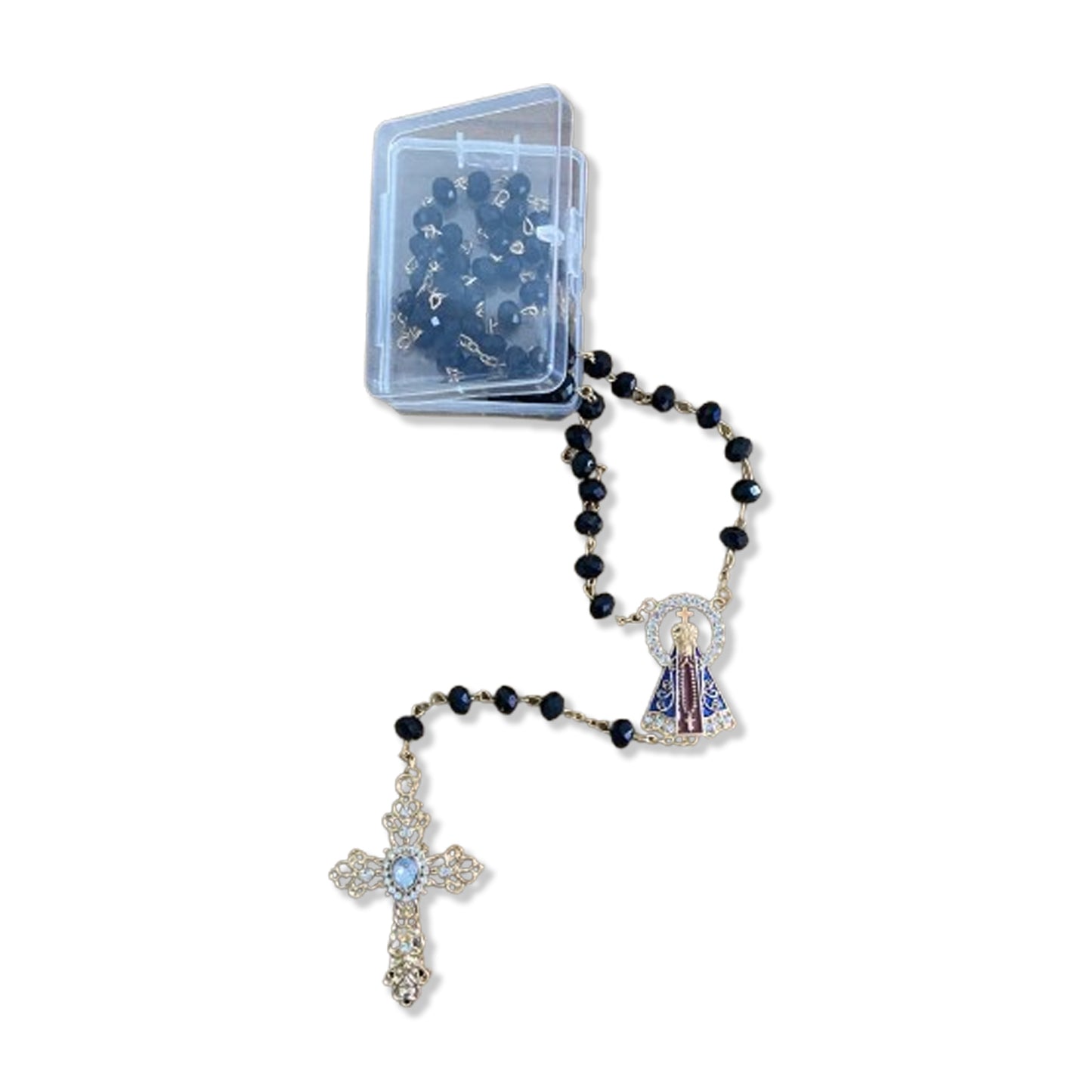 TERÇO DE NOIVA CRISTAL PRETO NOSSA SENHORA APARECIDA 06MM (1 UNIDADE)