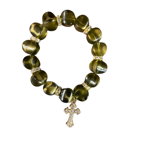 PULSEIRA PÉROLA MARROM EDOURADA COM PINGENTE DE CRUZ 10MM  (03 UNIDADES)