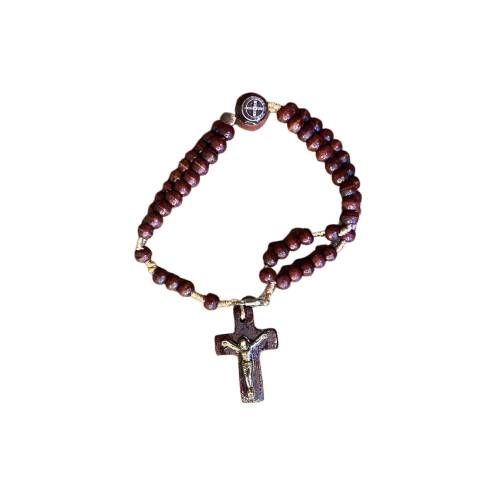 TERÇO PULSEIRA MADEIRA SÃO BENTO MARROM (12 UNIDADES)