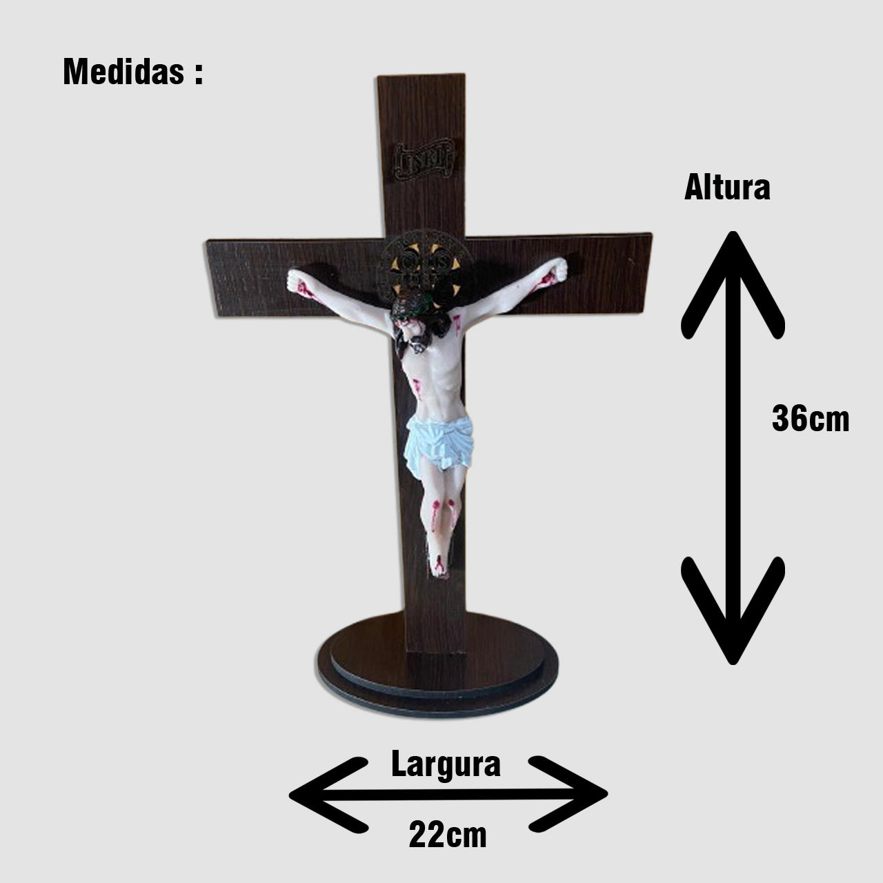 CRUCIFIXO MDF DE MESA MEDALHA SÃO BENTO COM CRISTO DE RESINA NACIONAL MOD2 36CM (1 UNIDADE)