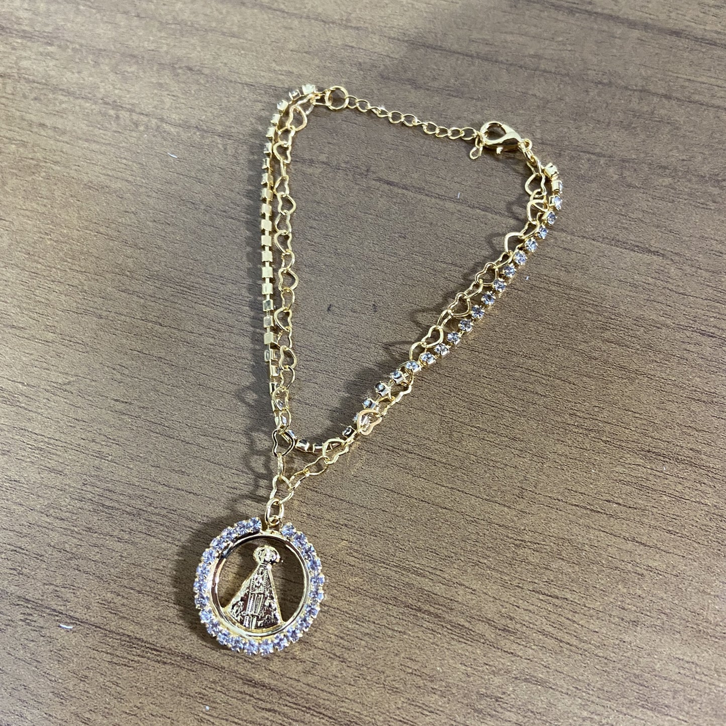 PULSEIRA DOURADA DUPLA NOSSA SENHORA APARECIDA COM STRASS (3 UNIDADES)