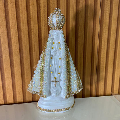 IMAGEM DE GESSO NOSSA SENHORA APARECIDA PÉROLA COM STRASS MOD17 23CM (1 UNIDADE)