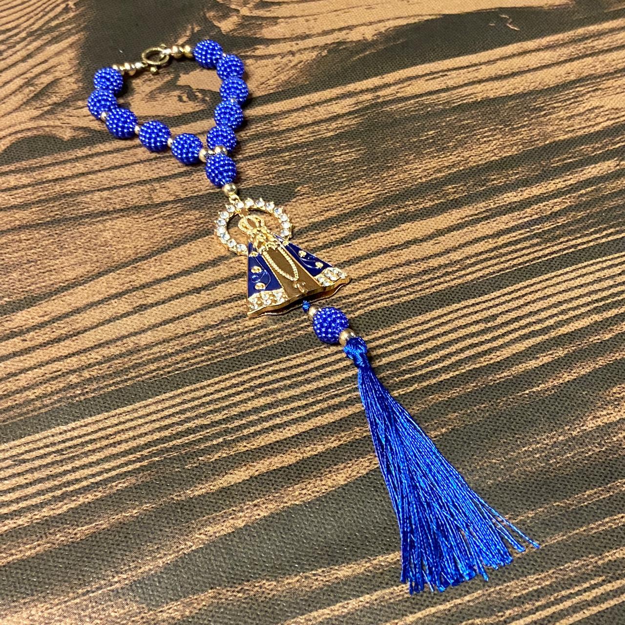DEZENA PARA CARRO NOSSA SENHORA APARECIDA COM AUREOLA AMORA AZUL 12MM (3 UNIDADES)