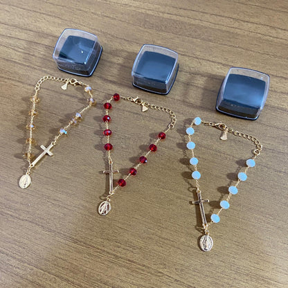 PULSEIRA CRISTAL CRUZ COM PINGENTE NOSSA SENHORA DAS GRAÇAS CORES SORTIDAS  (03 UNIDADES)