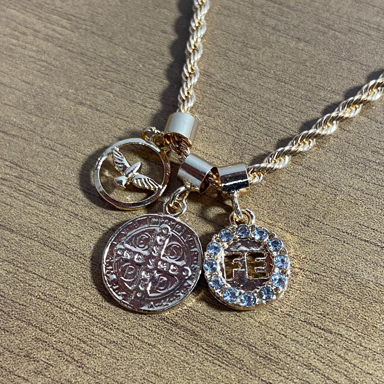 PULSEIRA DOURADA MEDALHA SAO BENTO E FÉ  (6 UNIDADES)
