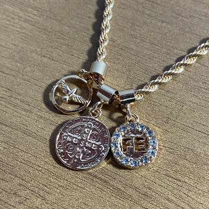 PULSEIRA DOURADA MEDALHA SAO BENTO E FÉ  (6 UNIDADES)