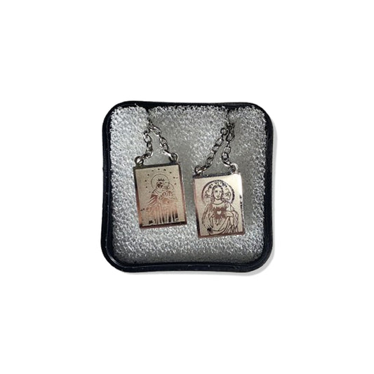 ESCAPULÁRIO INOX LASER SAGRADO CORAÇÃO DE  JESUS E NOSSA SENHORA DO CARMO MOD2  (6 UNIDADES)