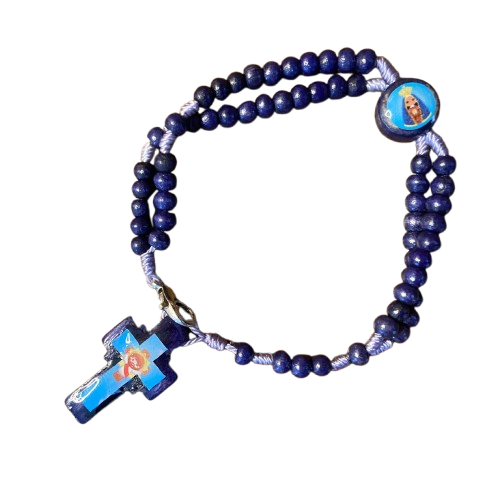 TERÇO PULSEIRA MADEIRA AZUL INFANTIL SANTOS SORTIDOS  04MM ( 12UNIDADES )