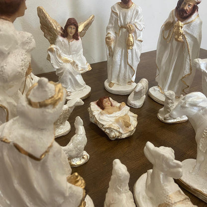 PRESÉPIO DE GESSO BRANCO E DOURADO 16 PEÇAS 20CM (1 UNIDADE)