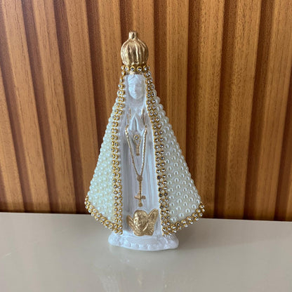 IMAGEM DE GESSO NOSSA SENHORA APARECIDA BRANCA COM PÉROLA E STRASS 14CM (1 UNIDADE)