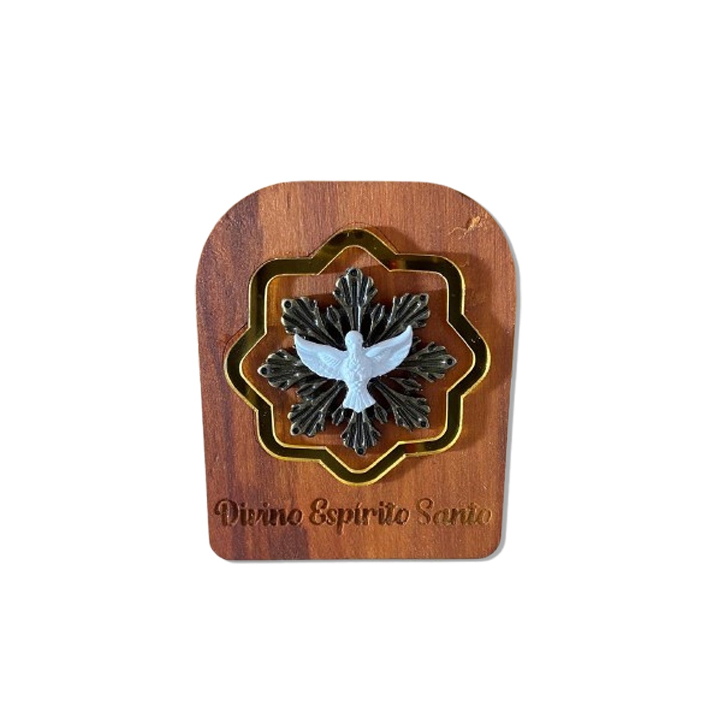 ADORNO DE MESA MADEIRA DIVINO ESPÍRITO SANTO DE METAL COM ACRÍLICO 9,5CM(1 UNIDADE)
