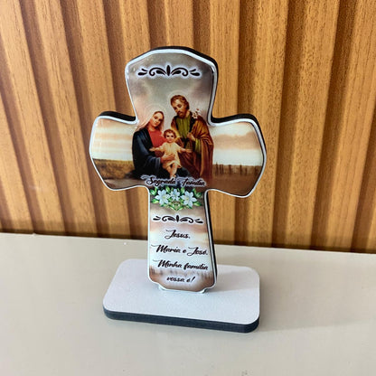 IMAGEM DE MESA MDF CRUZ RESINADA SAGRADA FAMÍLIA (1 UNIDADE)
