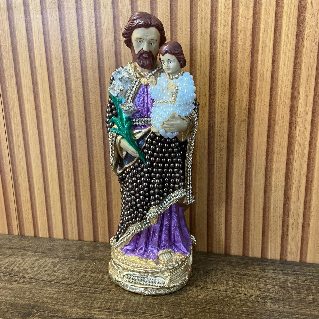 IMAGEM DE GESSO SÃO JOSÉ PEROLADA COM STRASS 30CM (1 UNIDADE)