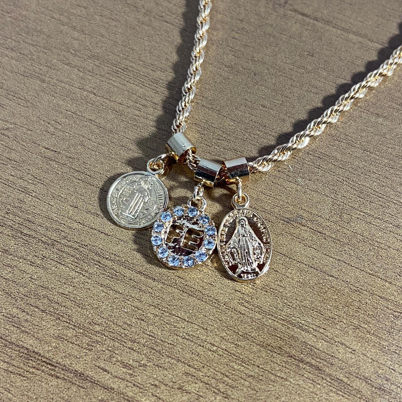 PULSEIRA DOURADA MEDALHA SAO BENTO FÉ E NOSSA SENHORA DAS GRAÇAS (6 UNIDADES)