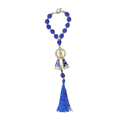 DEZENA PARA CARRO NOSSA SENHORA APARECIDA COM AUREOLA AMORA AZUL 12MM (3 UNIDADES)