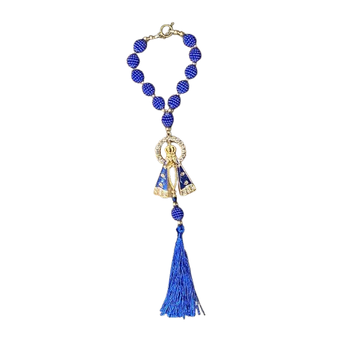 DEZENA PARA CARRO NOSSA SENHORA APARECIDA COM AUREOLA AMORA AZUL 12MM (3 UNIDADES)