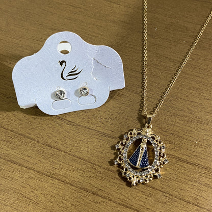 CORRENTE DOURADA COM BRINCO PONTA DE LUZ NOSSA SENHORA APARECIDA MOD 01  ( 1 UNIDADE)