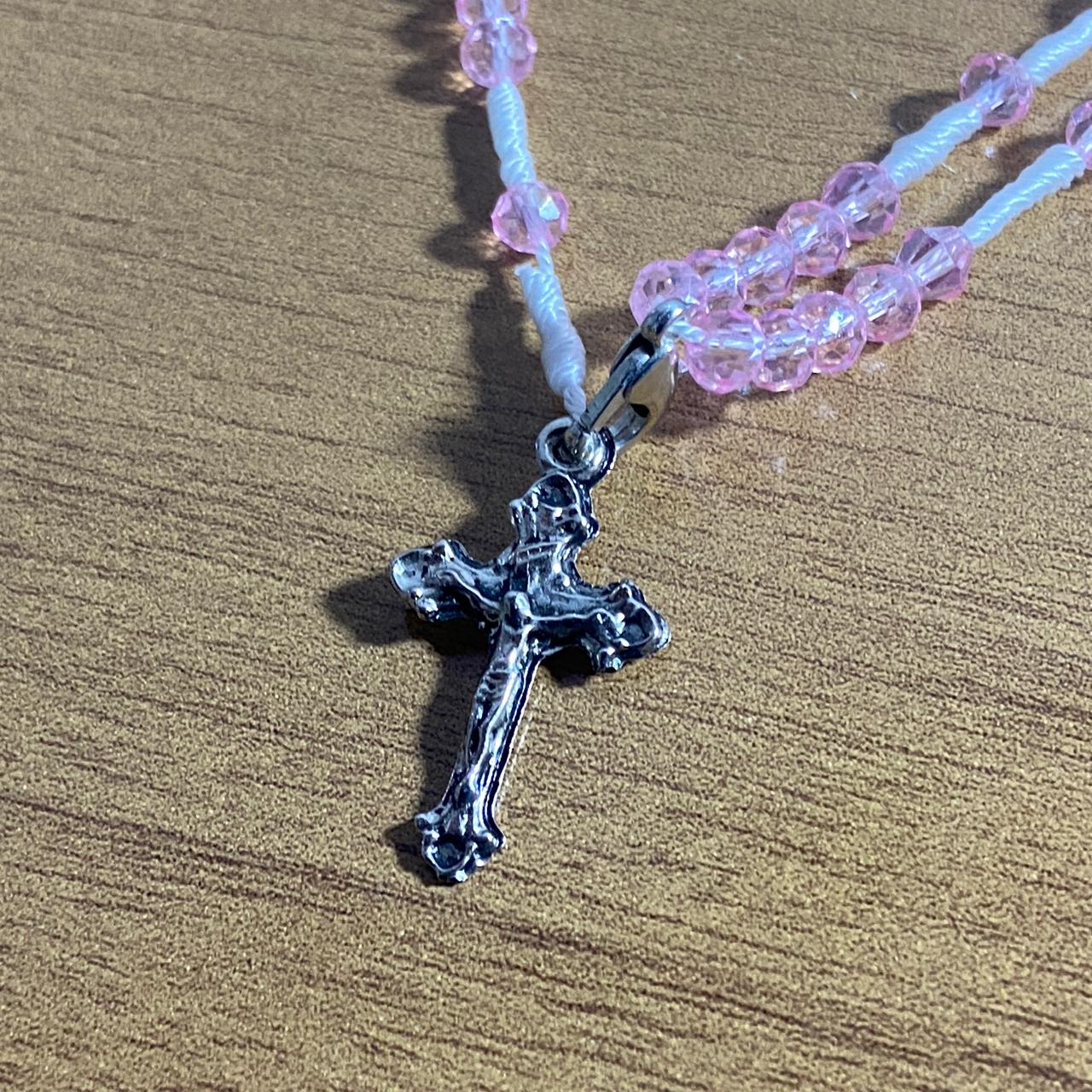 TERÇO PULSEIRA CRISTAL NOSSA SENHORA APARECIDA ROSA TRANSPARENTE  (3 UNIDADES)