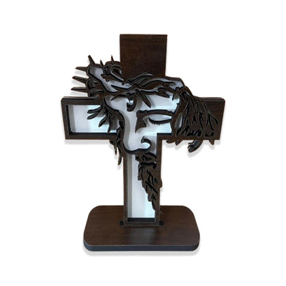CRUCIFIXO MDF DE MESA TABACO FACE DE CRISTO 16,5CM (1 UNIDADE)