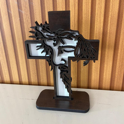CRUCIFIXO MDF DE MESA TABACO FACE DE CRISTO 16,5CM (1 UNIDADE)