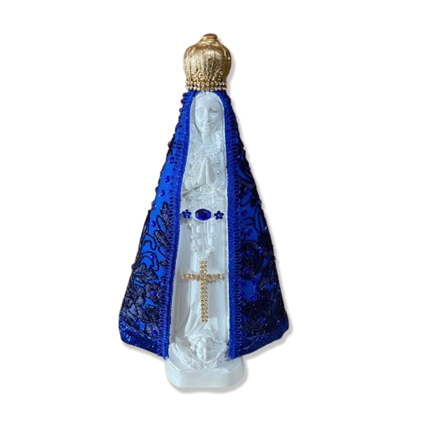IMAGEM DE GESSO NOSSA SENHORA APARECIDA BRANCA MANTO AZUL COM STRASS MOD2 31CM (1 UNIDADE)