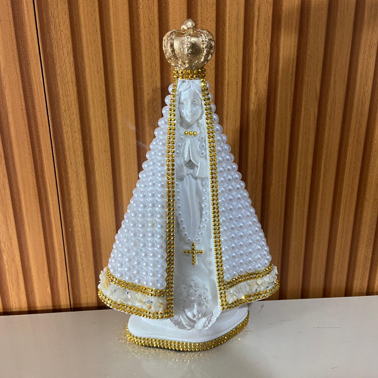 IMAGEM DE GESSO NOSSA SENHORA APARECIDA BRANCA PÉROLA BRANCA COM STRASS 26,5CM (1 UNIDADE)
