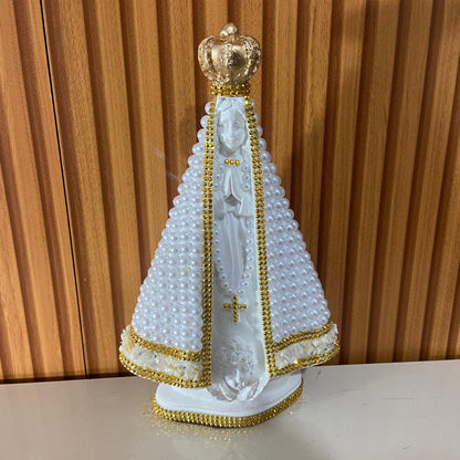 IMAGEM DE GESSO NOSSA SENHORA APARECIDA BRANCA PÉROLA BRANCA COM STRASS 26,5CM (1 UNIDADE)