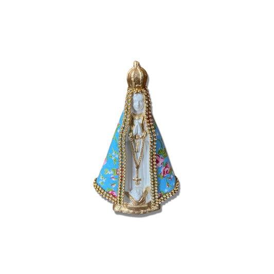 IMAGEM DE GESSO NOSSA SENHORA APARECIDA BRANCA MANTO TECIDO AZUL CLARO 14CM (1 UNIDADE)
