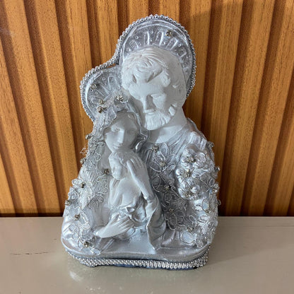 BUSTO DE GESSO SAGRADA FAMÍLIA DECOUPAGE PRATEADO 20CM (1 UNIDADE)
