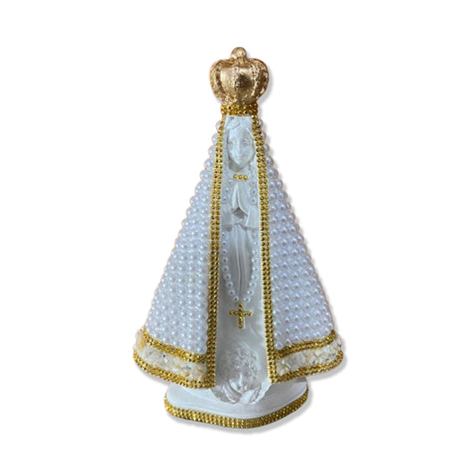 IMAGEM DE GESSO NOSSA SENHORA APARECIDA BRANCA PÉROLA COM STRASS 26,5CM (1 UNIDADE)