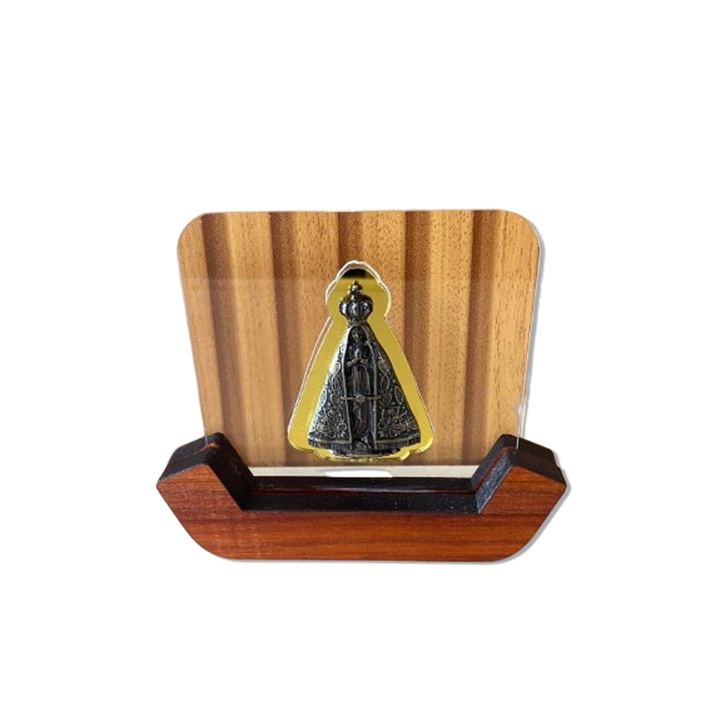IMAGEM DE MESA METAL OURO VELHO NOSSA SENHORA APARECIDA NO ACRÍLICO E BASE DE MADEIRA 10,7CM (1 UNIDADE)