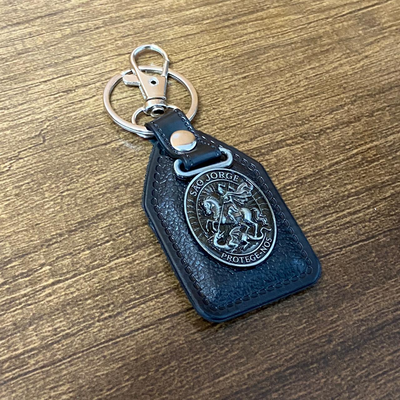 CHAVEIRO COURO COM MOSQUETE SÃO JORGE PRATA VELHA ( 6 UNIDADES)