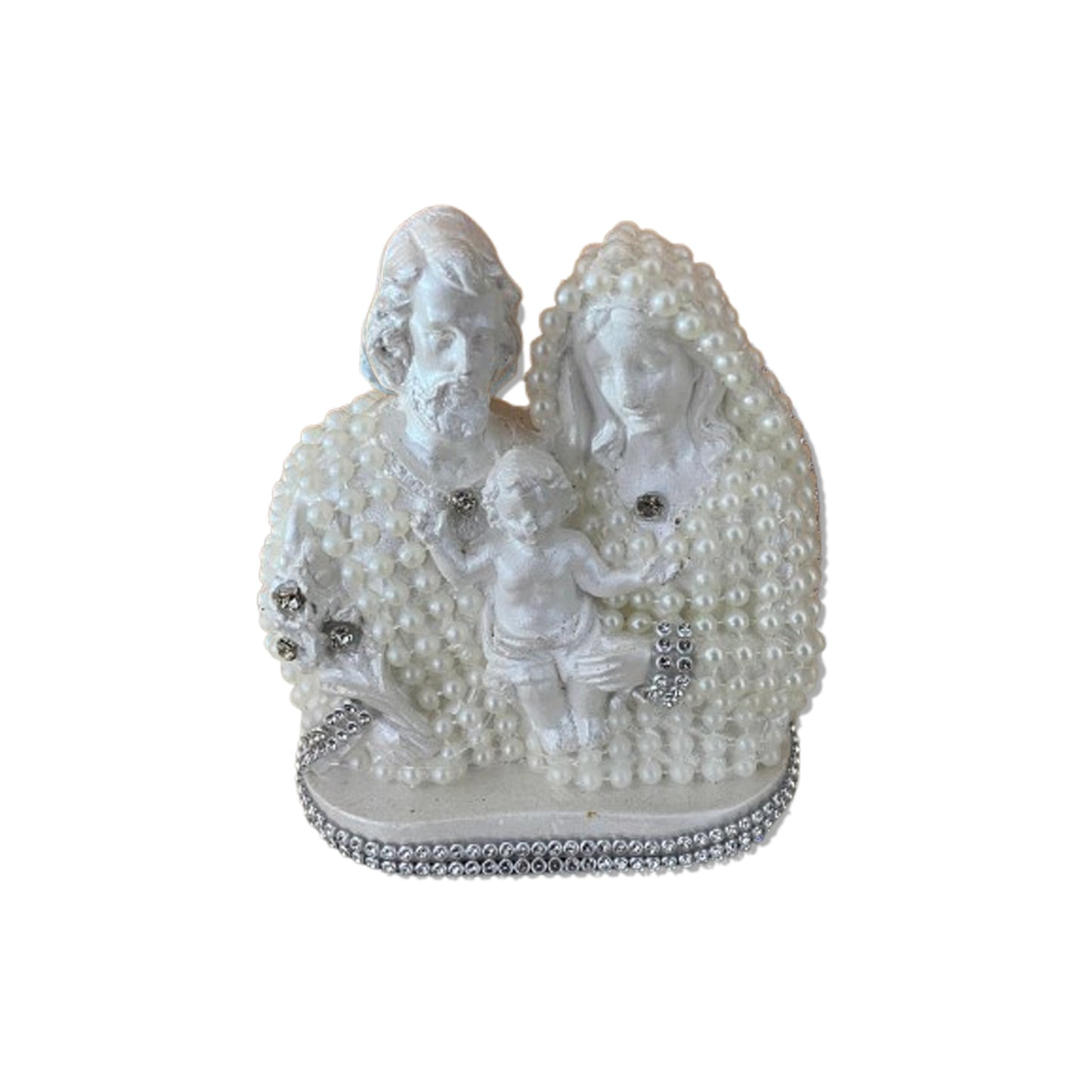 BUSTO DE GESSO SAGRADA FAMÍLIA BRANCO COM PÉROLA E STRASS PRATA 13CM (1 UNIDADE)