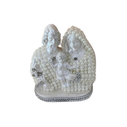 BUSTO DE GESSO SAGRADA FAMÍLIA BRANCO COM PÉROLA E STRASS PRATA 13CM (1 UNIDADE)