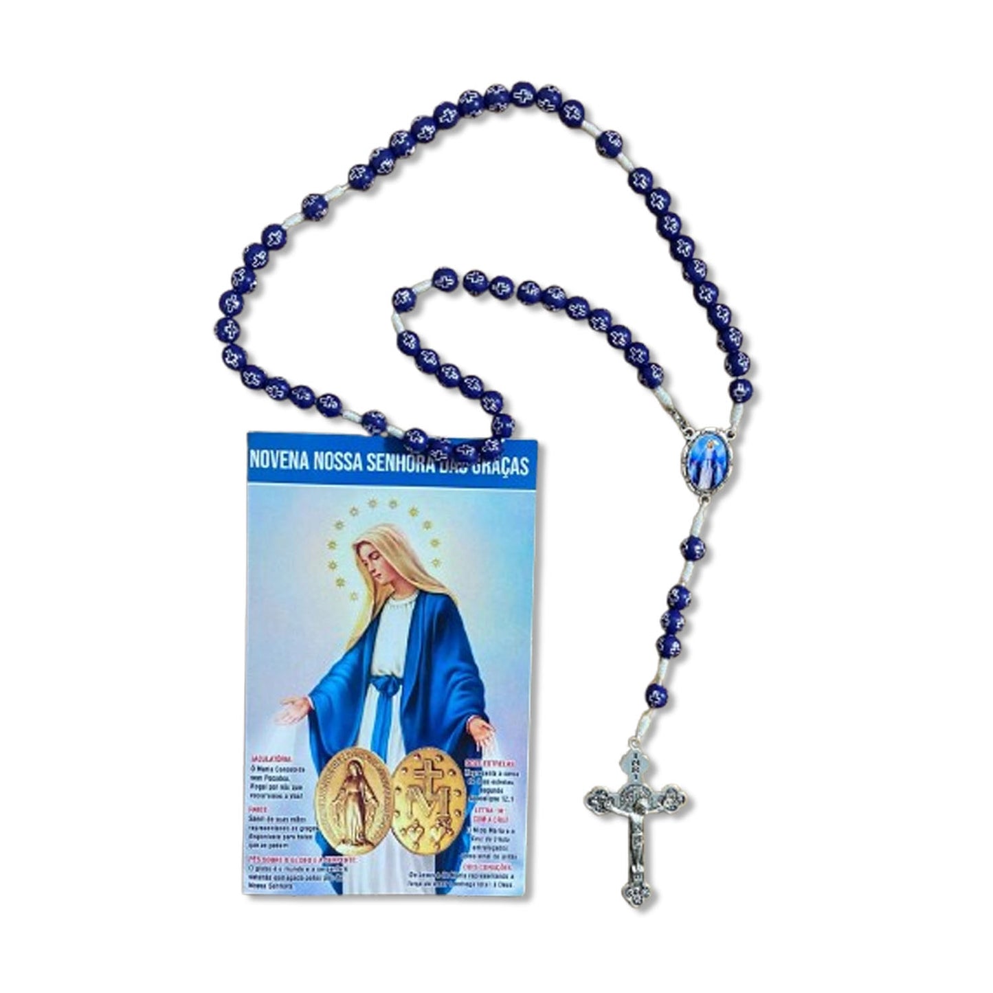 TERÇO PÉROLA AZUL CONTAS DECORADAS COM FECHO NOSSA SENHORA DAS GRAÇAS 08MM (1 UNIDADE)