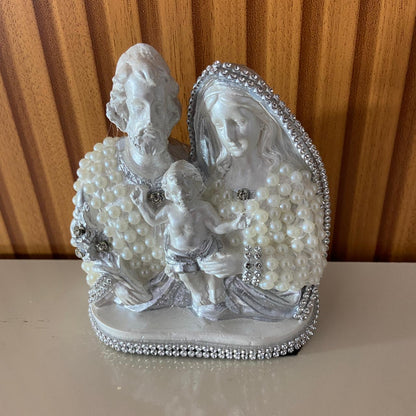 BUSTO DE GESSO SAGRADA FAMÍLIA BRANCO COM PÉROLA E STRASS PRATA 14CM MOD2 (1 UNIDADE)