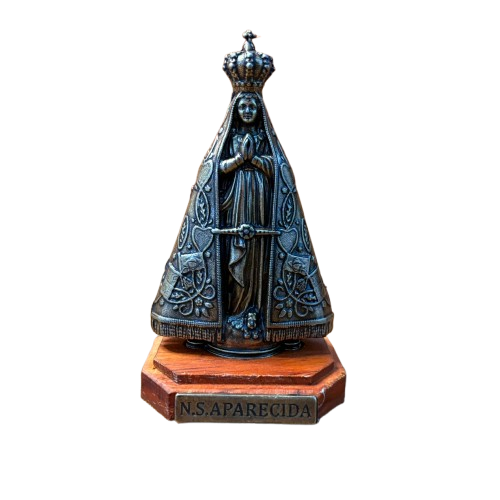 IMAGEM DE MESA METAL OURO VELHO NOSSA SENHORA APARECIDA COM BASE DE MADEIRA 12,5CM (1 UNIDADE)