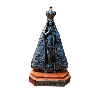 IMAGEM DE MESA METAL OURO VELHO NOSSA SENHORA APARECIDA COM BASE DE MADEIRA 12,5CM (1 UNIDADE)
