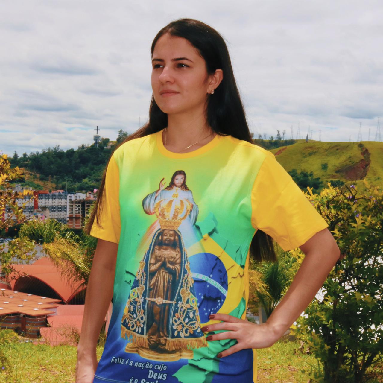 CAMISETA AMARELA JESUS MISERICORDIOSO COM N.S.A APARECIDA TAMANHO PP (1 UNIDADE)