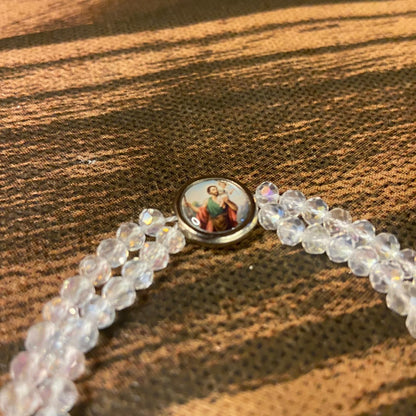 TERÇO PULSEIRA CRISTAL ROSA COM MEDALHA RESINADA SÃO CRISTÓVÃO  (3 UNIDADES)