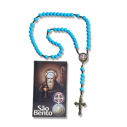 TERÇO PÉROLA AZUL CAMPISTA MEDALHA SÃO BENTO 10MM (1 UNIDADE)