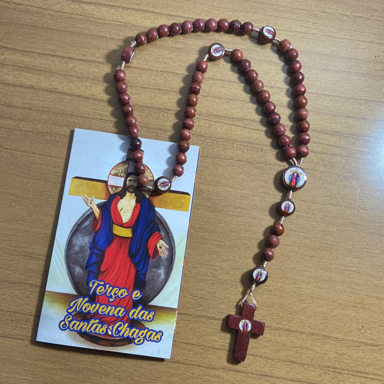 TERÇO DE MADEIRA SANTAS CHAGAS 7 MEDALHAS MOD2 08MM (3 UNIDADES)