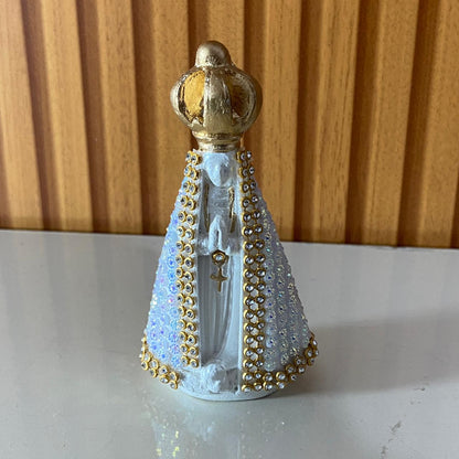 IMAGEM DE GESSO NOSSA SENHORA APARECIDA  BRANCA COM STRASS 10,5CM (1 UNIDADE)