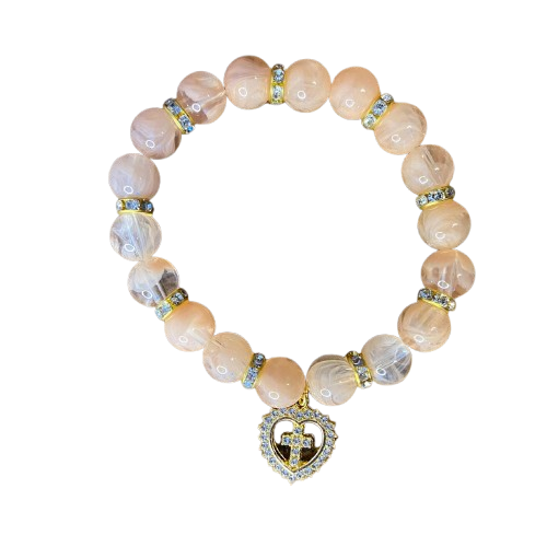 PULSEIRA PÉROLA ROSA COM PINGENTE DE CRUZ COM STRASS 08MM  (03 UNIDADES)