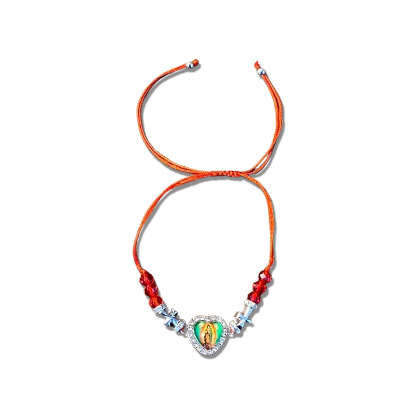 PULSEIRA REGULÁVEL CRISTAL VERMELHO COM MEDALHA RESINADA NOSSA SENHORA DE GUADALUPE  ( 01 UNIDADE)