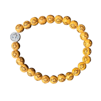 PULSEIRA DE MADEIRA CARAMELO CONTAS DECORADAS CRUZ  MEDALHA SÃO BENTO  (06 UNIDADES)