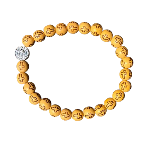 PULSEIRA DE MADEIRA CARAMELO CONTAS DECORADAS CRUZ  MEDALHA SÃO BENTO  (06 UNIDADES)