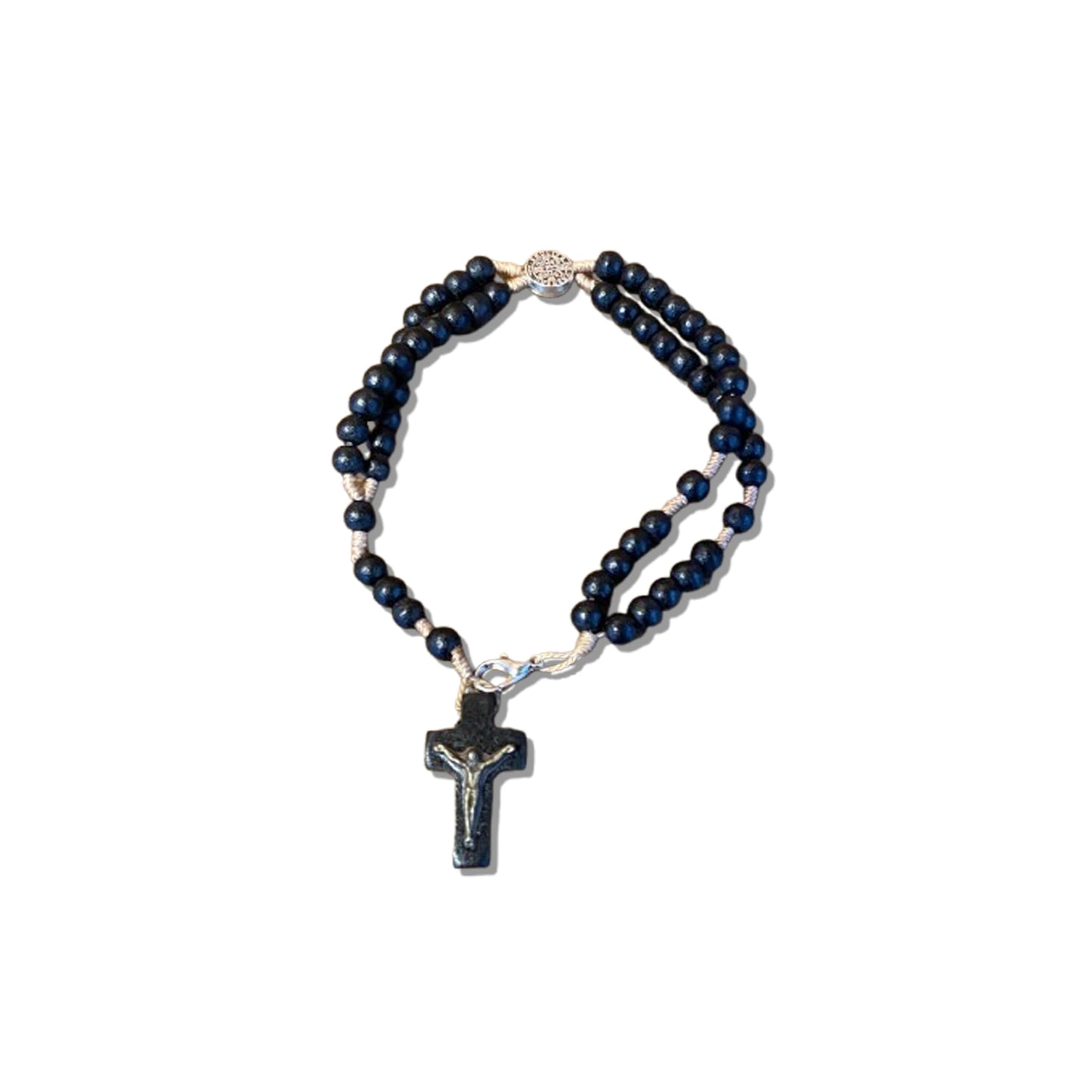 TERÇO PULSEIRA MADEIRA PRETA MEDALHA SÃO BENTO METAL (12 UNIDADES)