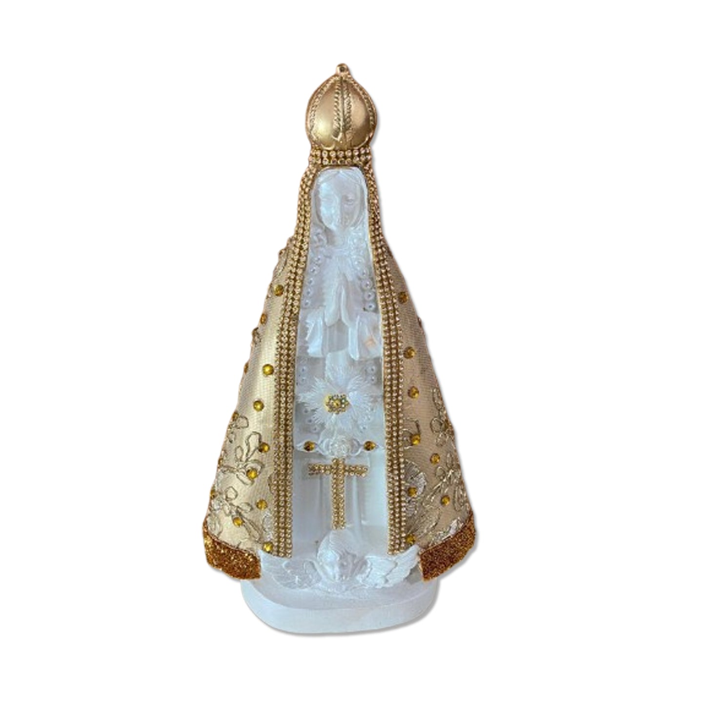 IMAGEM DE GESSO NOSSA SENHORA APARECIDA BRANCA DECOUPAGE DOURADO 30,5CM (1 UNIDADE)