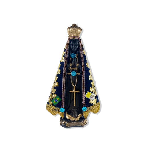 IMAGEM DE GESSO NOSSA SENHORA APARECIDA MANTO COM PÉROLA E STRASS AZUL 30 CM (1 UNIDADE)